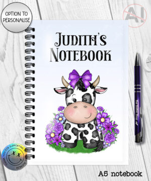 personalised friesian cow and purple flowers notebook