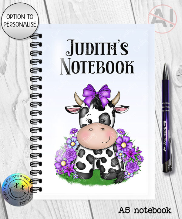 personalised friesian cow and purple flowers notebook