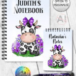personalised friesian cow and purple flowers notebook
