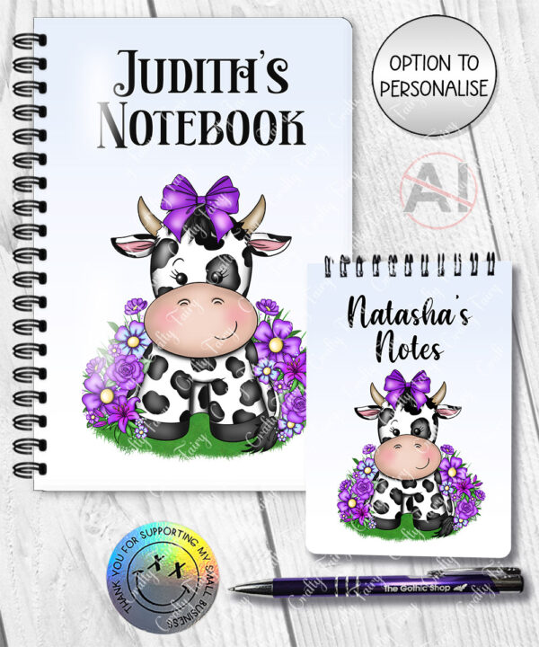 personalised friesian cow and purple flowers notebook