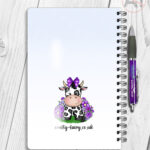 personalised friesian cow and purple flowers notebook