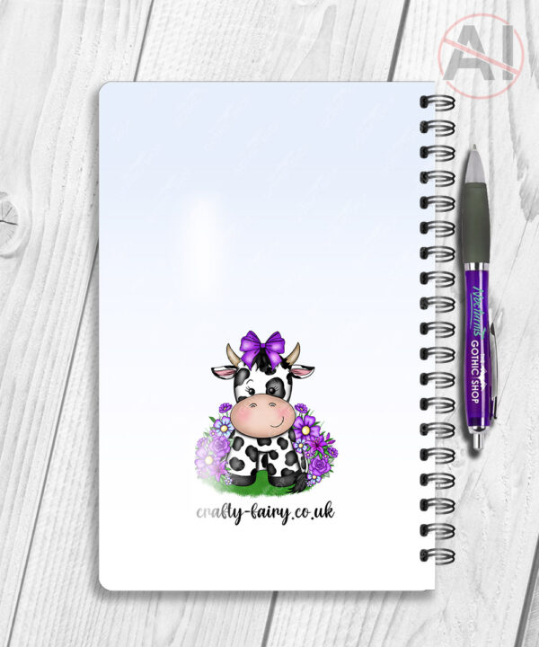 personalised friesian cow and purple flowers notebook