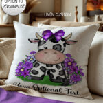 personalised friesian cow and purple flowers velvet cushion