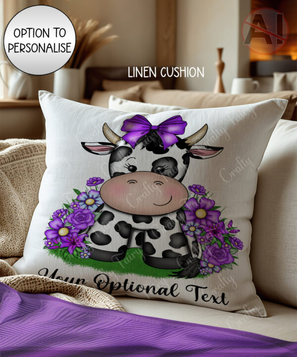 personalised friesian cow and purple flowers velvet cushion
