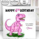 personalised pink t rex dinosaur birthday card for daughter granddaughter niece