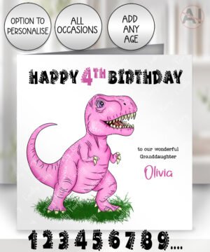 personalised pink t rex dinosaur birthday card for daughter granddaughter niece