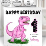 personalised pink t rex dinosaur 1st 2nd 3rd 4th birthday card for daughter granddaughter