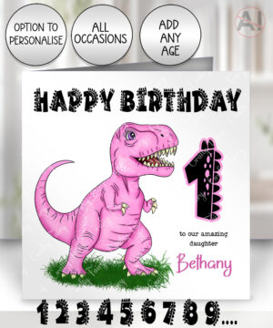 personalised pink t rex dinosaur 1st 2nd 3rd 4th birthday card for daughter granddaughter