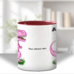 personalised pink or green t rex dinosaur mug and/or coaster gift for kids