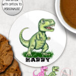 personalised pink or green t rex dinosaur mug and/or coaster gift for kids