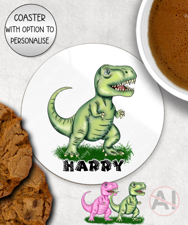 personalised pink or green t rex dinosaur mug and/or coaster gift for kids