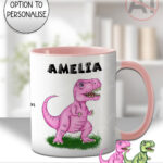 personalised pink or green t rex dinosaur mug and/or coaster gift for kids