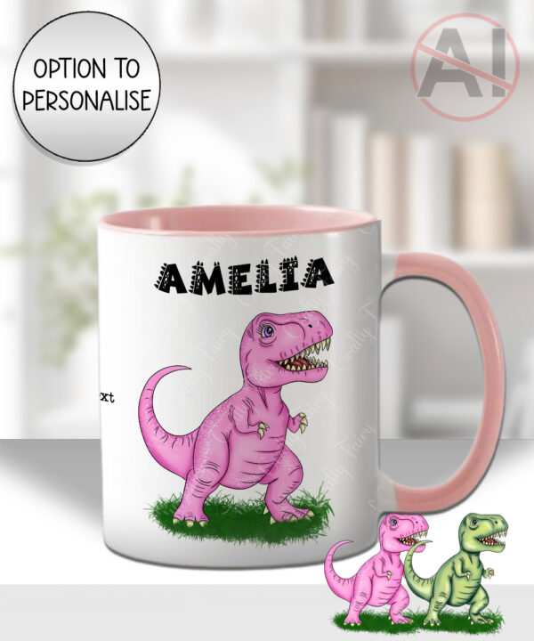 personalised pink or green t rex dinosaur mug and/or coaster gift for kids