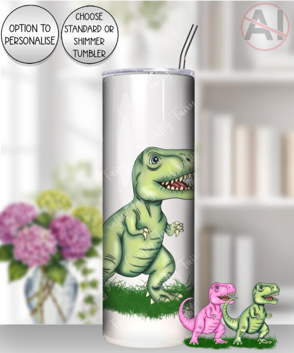 personalised pink or green t rex dinosaur straight tumbler gift for kids