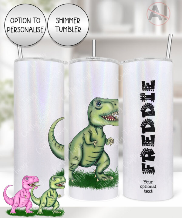 personalised pink or green t rex dinosaur straight tumbler gift for kids