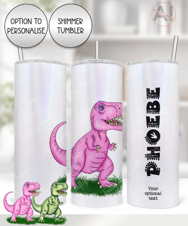 personalised pink or green t rex dinosaur straight tumbler gift for kids