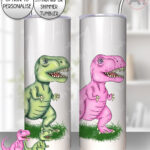 personalised pink or green t rex dinosaur straight tumbler gift for kids
