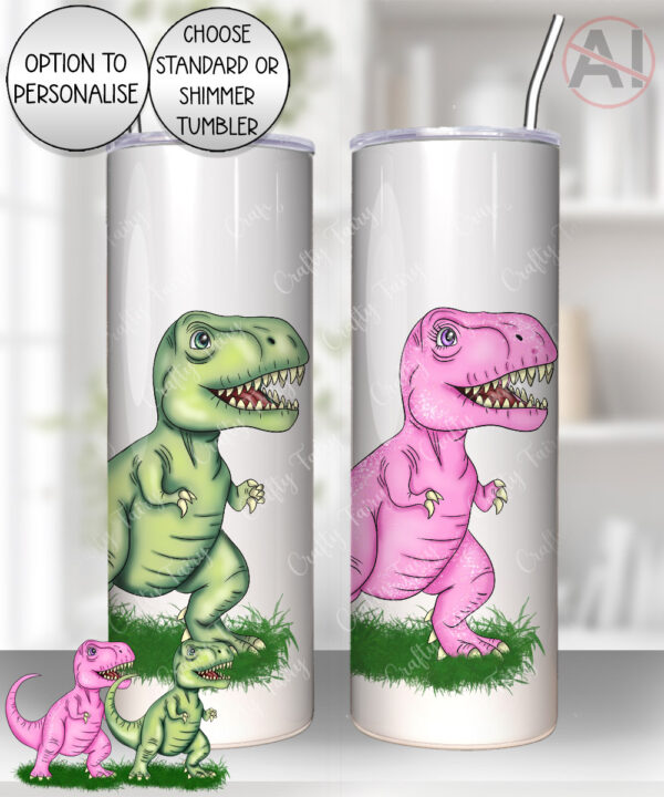 personalised pink or green t rex dinosaur straight tumbler gift for kids