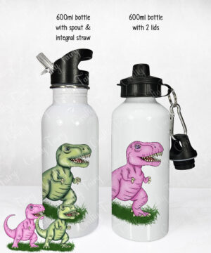 personalised pink or green t rex dinosaur 600ml water bottle gift for kids