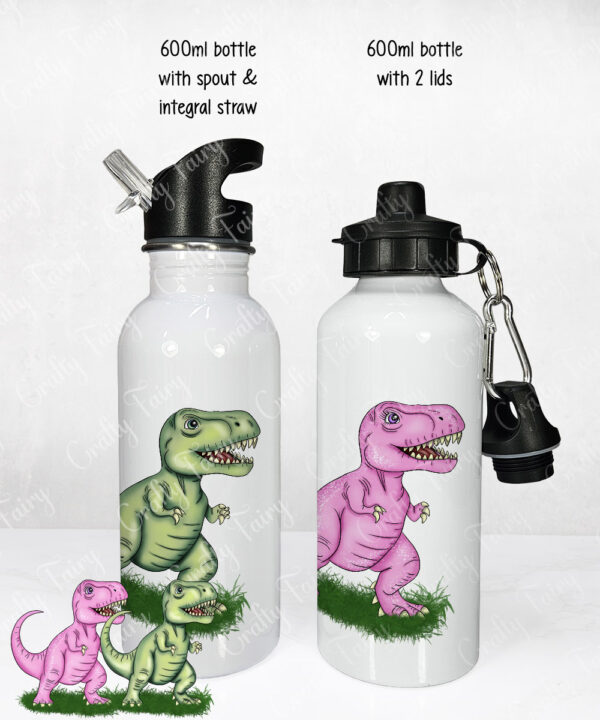 personalised pink or green t rex dinosaur 600ml water bottle gift for kids