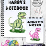 personalised pink or green t rex dinosaur notebook gift for kids