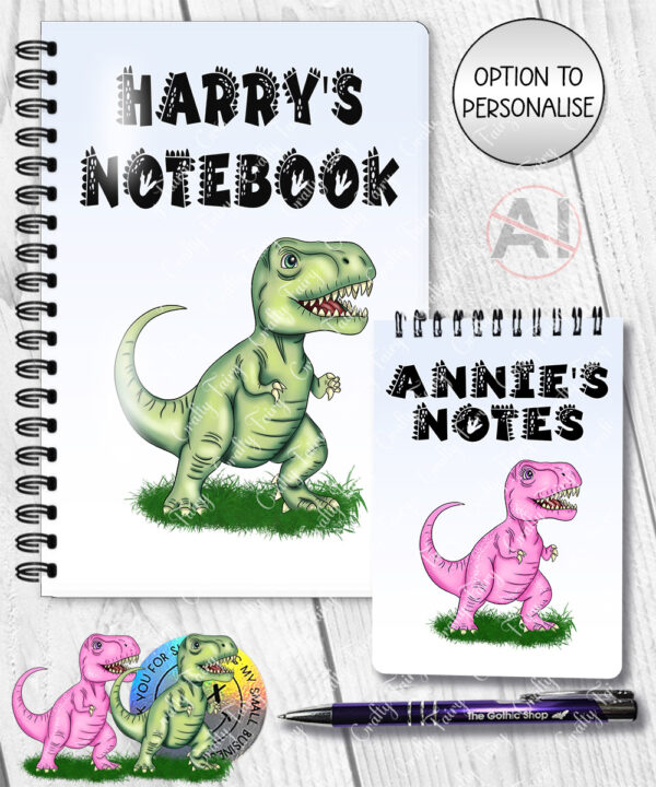 personalised pink or green t rex dinosaur notebook gift for kids
