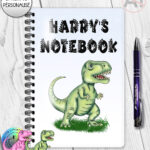 personalised pink or green t rex dinosaur notebook gift for kids