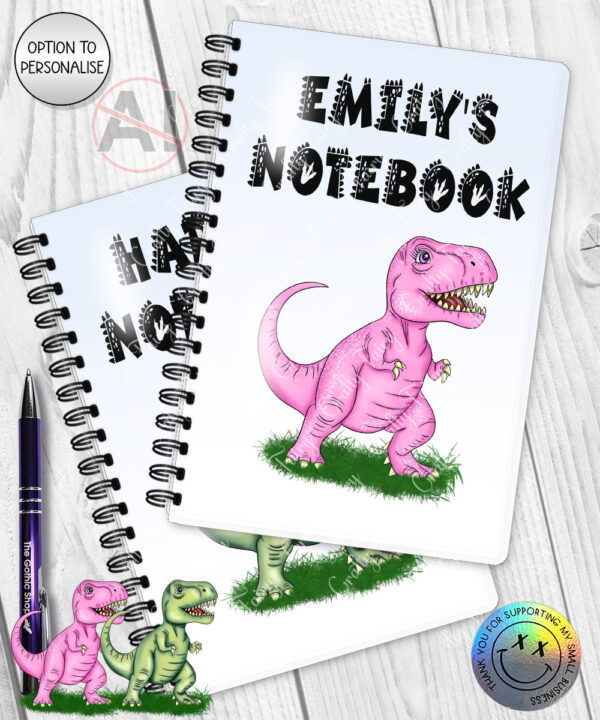 personalised pink or green t rex dinosaur notebook gift for kids