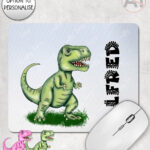 personalised pink or green t rex dinosaur mouse mat gift for kids
