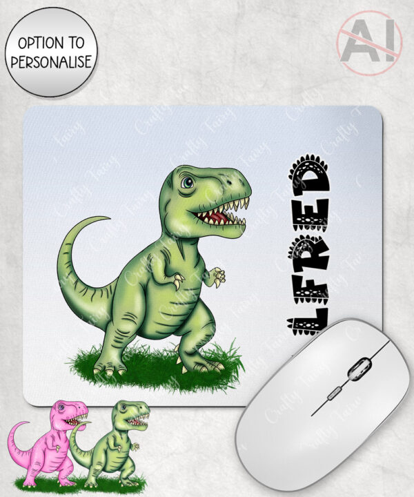 personalised pink or green t rex dinosaur mouse mat gift for kids