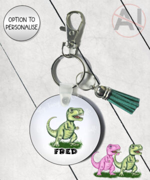 personalised pink or green t rex dinosaur mdf keyring gift for kids