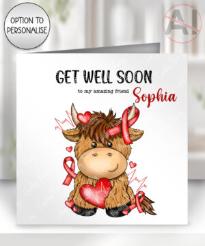 personalised highland cow heart awareness card – heart attack recovery, heart transplant & heartiversary