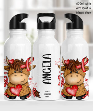 personalised highland cow heart awareness 600ml water bottle gift
