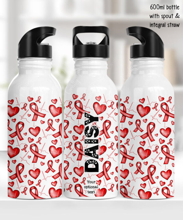 personalised heart awareness ribbons 600ml water bottle gift