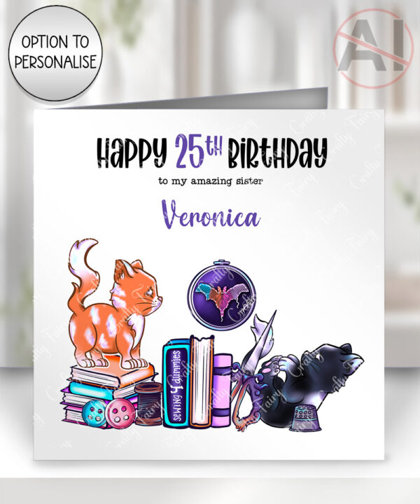cute cats sewing and crafting personalised birthday card – dressmaker, seamstress, cat lover