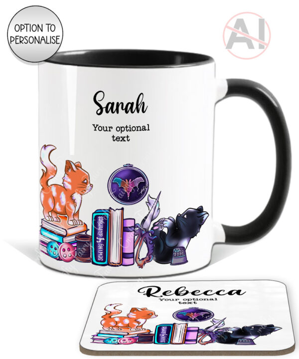 cute cats sewing and crafting personalised mug and/or coaster gift