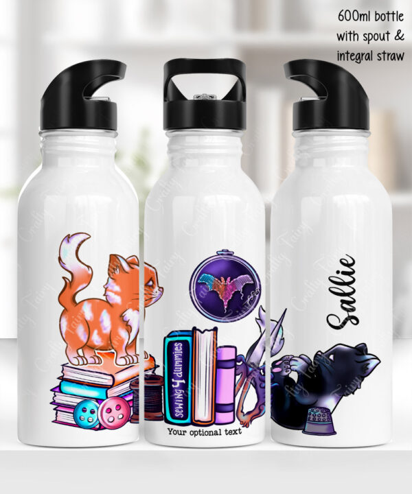 cute cats sewing and crafting personalised 600ml water bottle gift